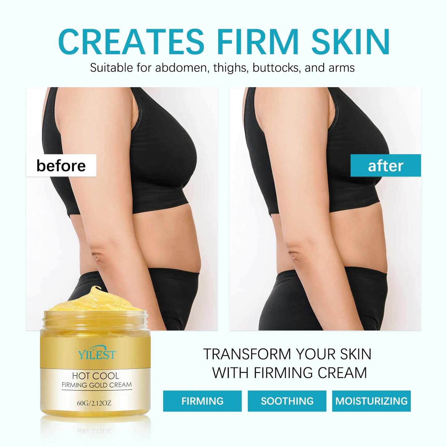 Luxury Firming Gold Cream 60g - Hot-Cool Action Tightens Abdomen, Thighs & Arms, Deeply Moisturizes & Reduces Sagging.