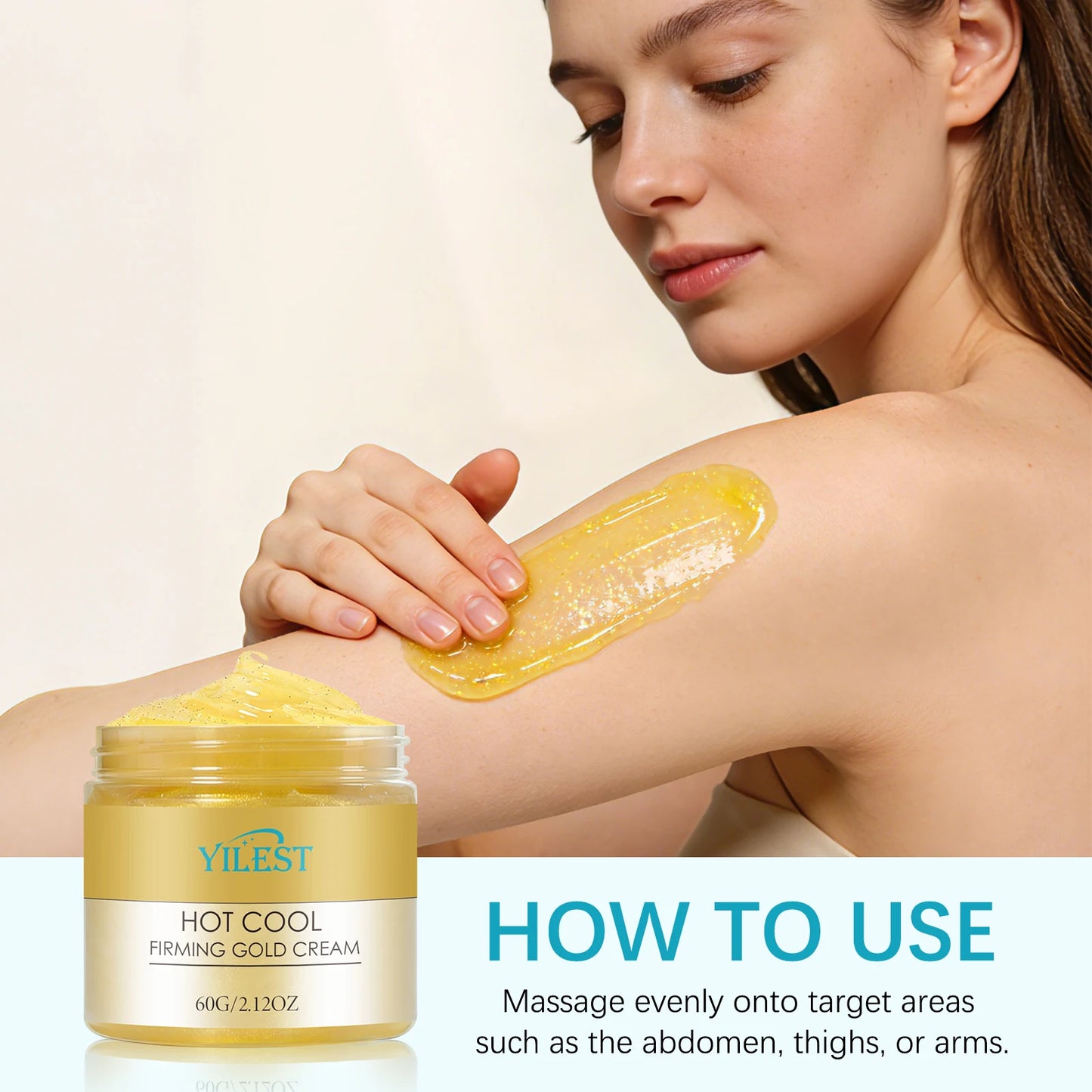Luxury Firming Gold Cream 60g - Hot-Cool Action Tightens Abdomen, Thighs & Arms, Deeply Moisturizes & Reduces Sagging.
