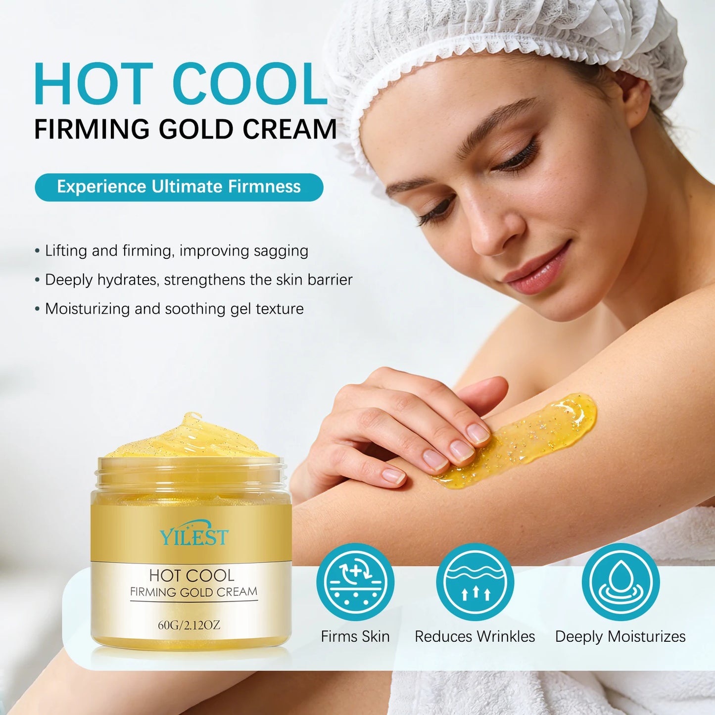 Luxury Firming Gold Cream 60g - Hot-Cool Action Tightens Abdomen, Thighs & Arms, Deeply Moisturizes & Reduces Sagging.